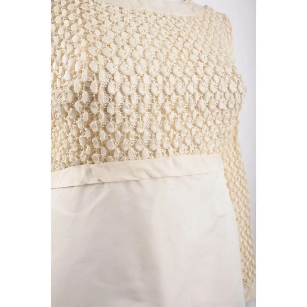 Vintage 1960s Womens Party Dress Beige ecru Popcorn Ribbon Weave Bodice XS S